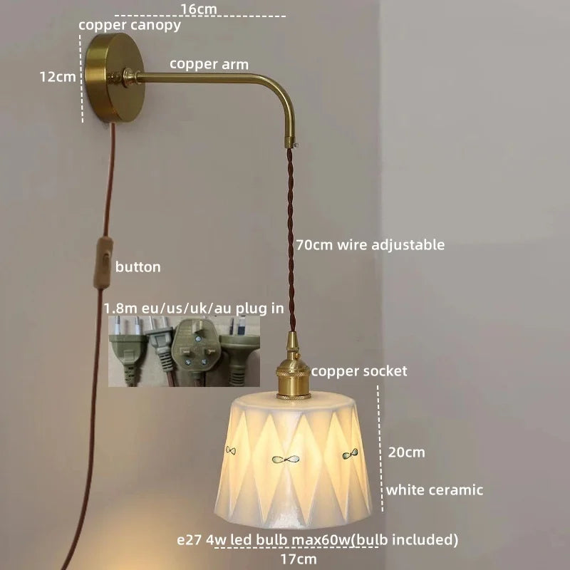 Afralia™ Ceramic Hand-painted LED Wall Light, Pull Chain Switch, Modern Bedside Lamp