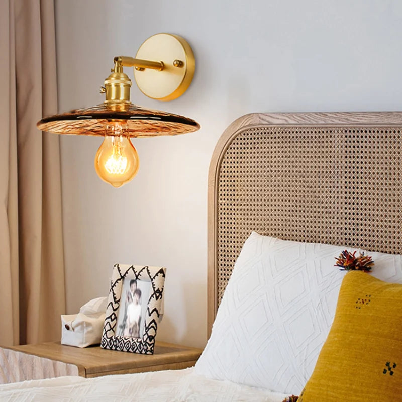 Afralia™ Japanese Amber Glass LED Wall Lamp Copper Vintage Design