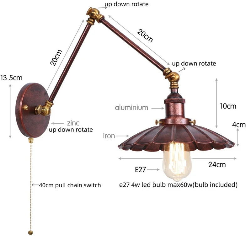 Afralia™ Gold Industrial LED Wall Lamp with Pull Chain Switch for Home Decor