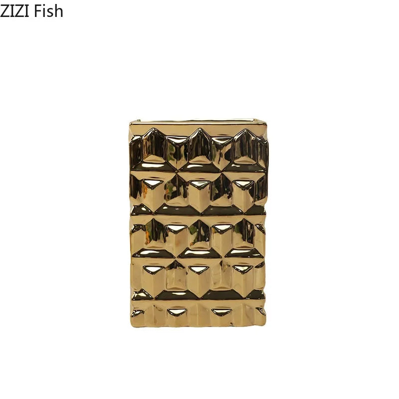 Afralia™ Golden Square Ceramic Vase with Artificial Flowers for Room Aesthetic Decor