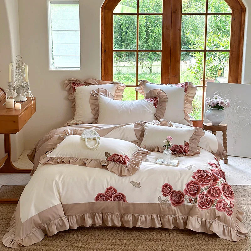 Afralia™ Butterfly Flowers Embroidery Ruffles Wedding Bedding Set: 1400TC 100% Egyptian Cotton