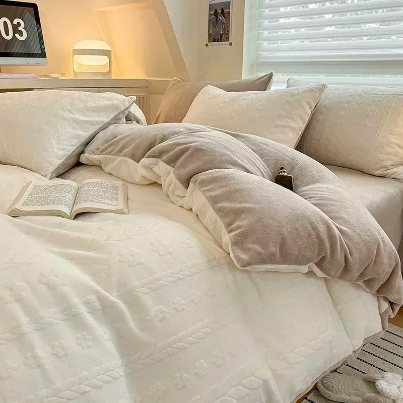 Afralia™ High-Density Milk Fleece Duvet Set with Winter Warmth King Bedding & Plush Blanket Cover