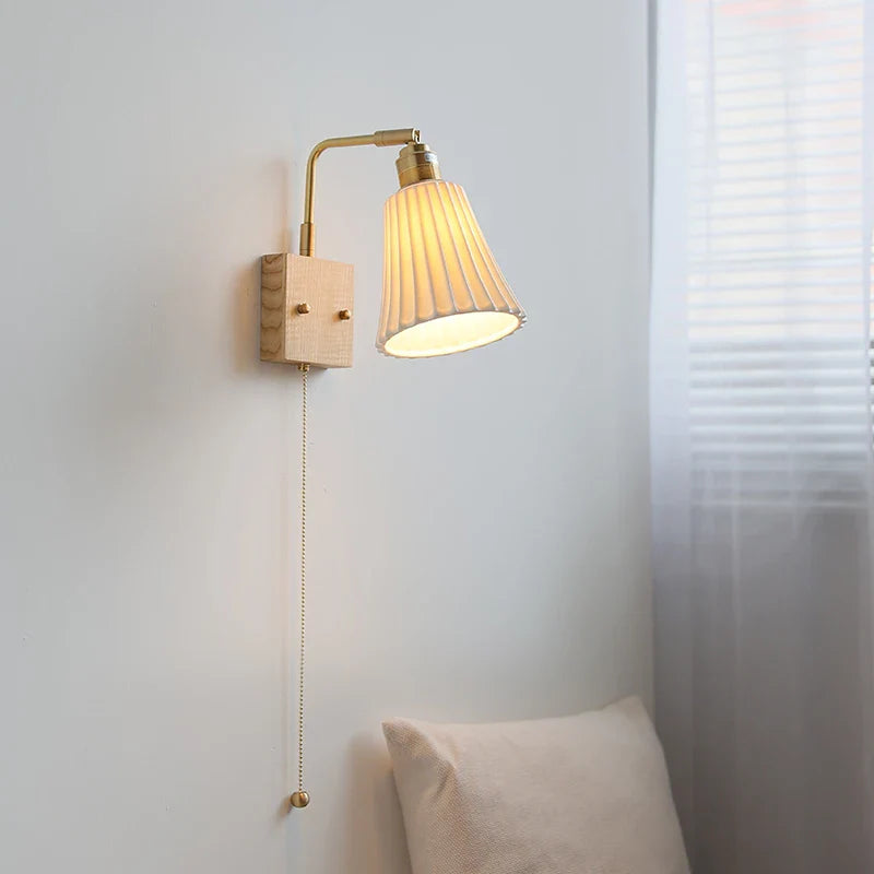 Afralia™ Nordic LED Wall Lights Pull Chain Switch Bedside Lamp Walnut Ash Glass Copper