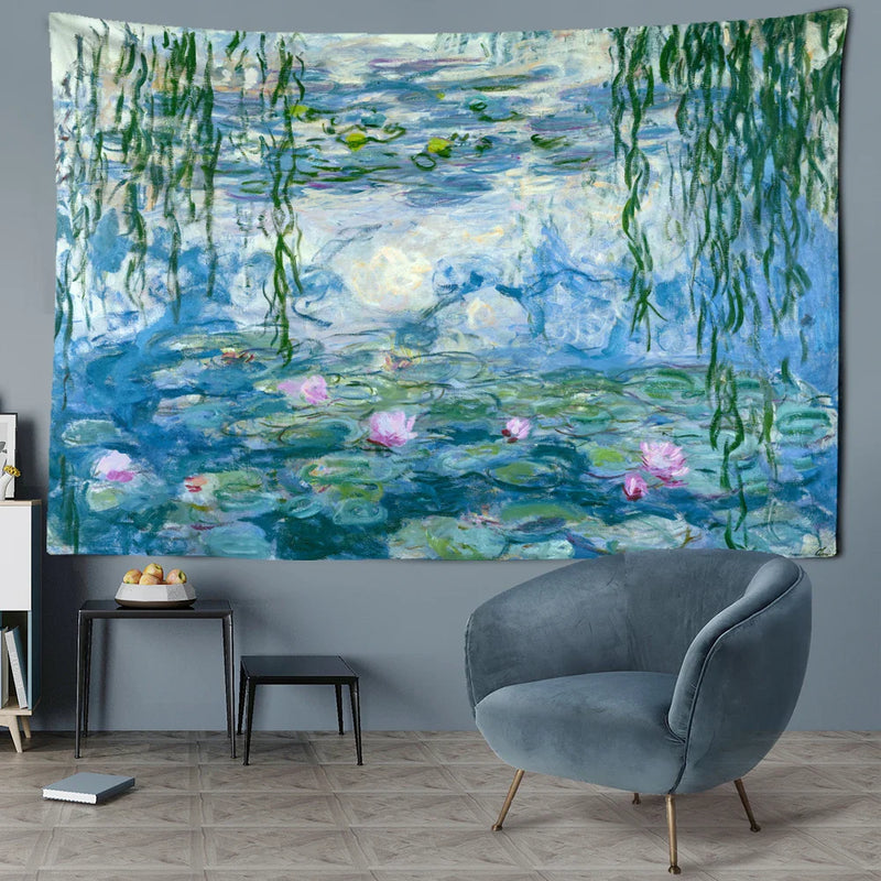 Water Lily Oil Painting Tapestry Wall Hanging by Afralia™ - Bohemian Abstract Art for Home Decor