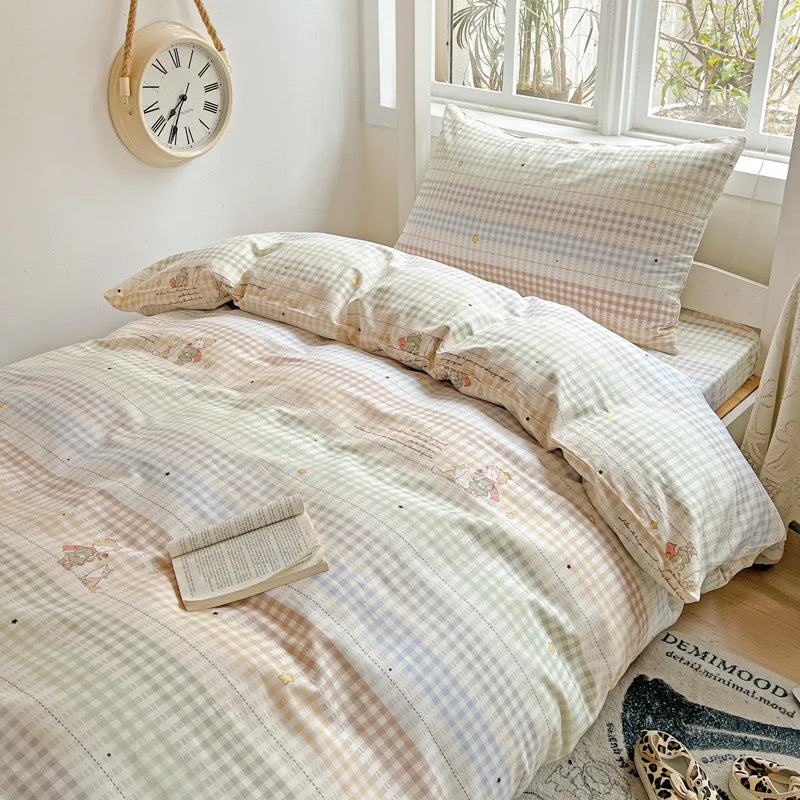 Afralia™ Cotton Grid Pattern Bedding Set with Duvet Cover & Pillowcases for Double Bed