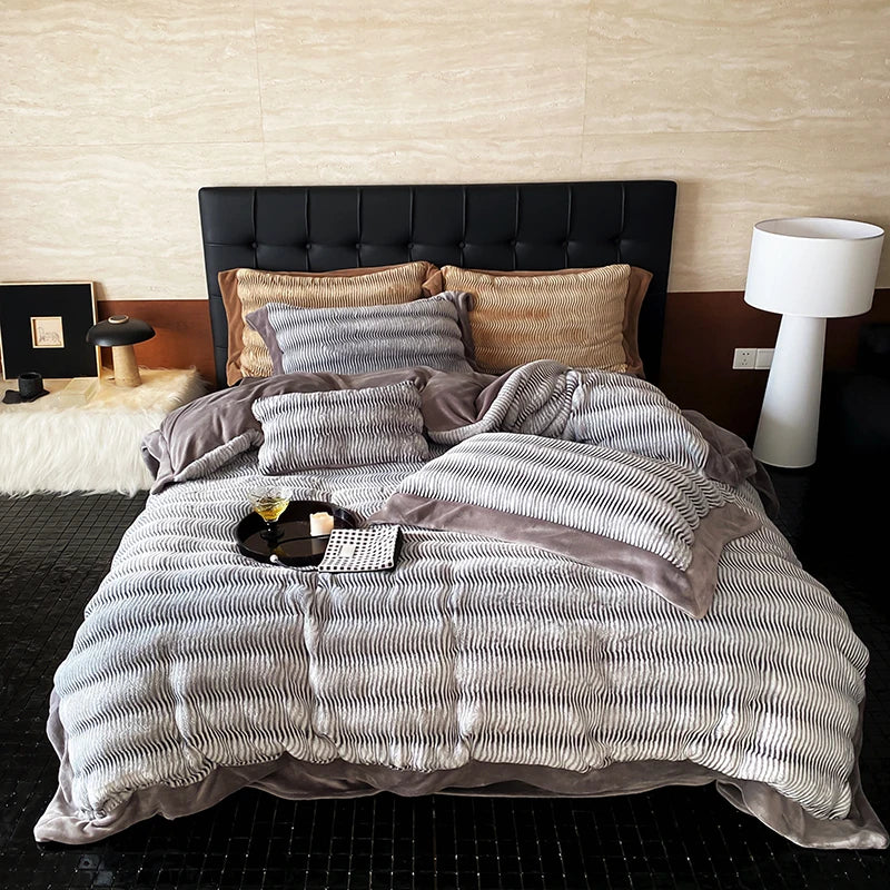 Afralia™ Winter Milk Velvet Bedding Set in Brown Grey - Soft Plush Duvet Cover, Sheet, Pillowcases