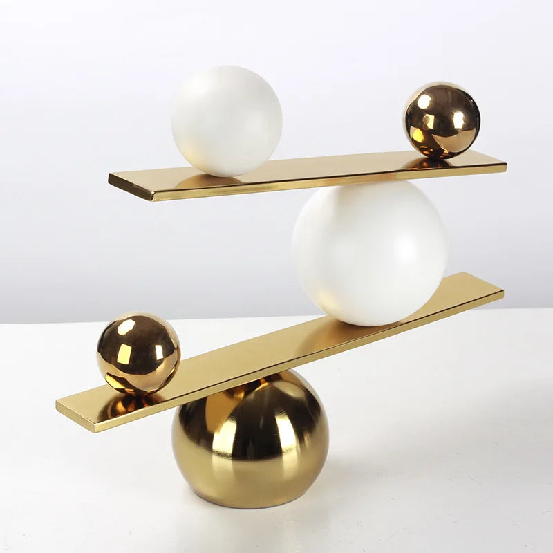 Afralia™ Geometric Golden Ball Metal Seesaw Ramp Figurines for Home Decor