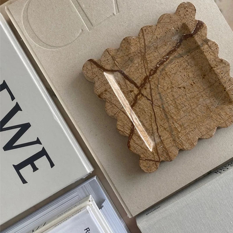 Afralia™ Marble Travertine Serving Tray Scalloped Edge Square Display Tray