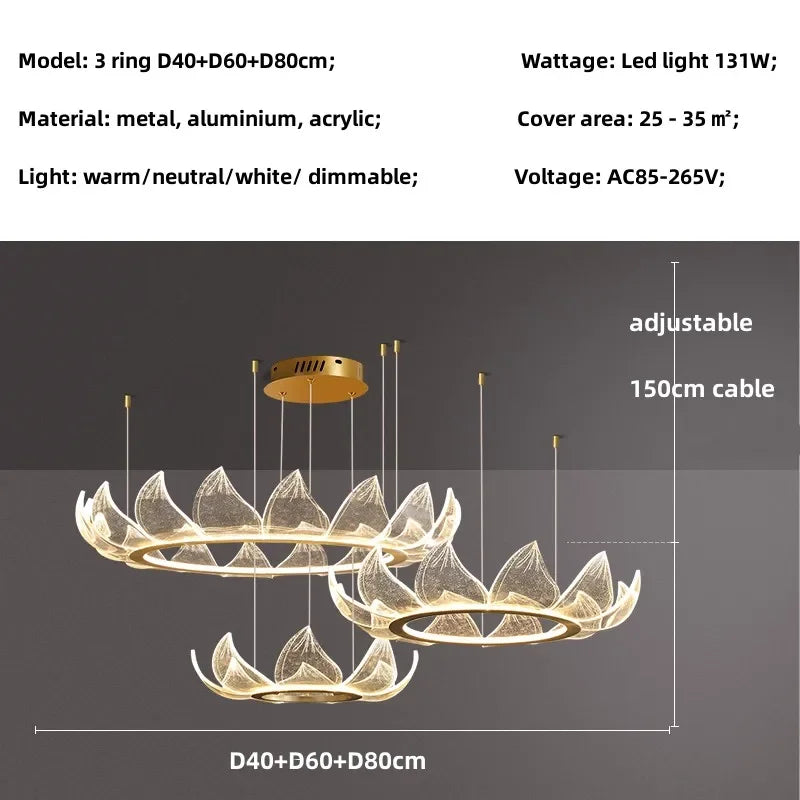 Afralia™ Lotus Acrylic LED Chandelier Gold Suspend Lamp for Living Room Lighting