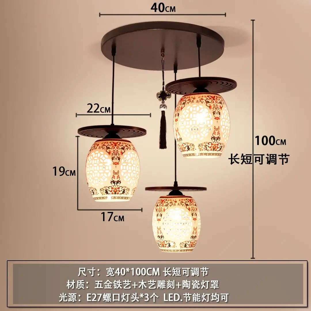 Afralia™ Three-Headed Chinese Antique Ceramic Pendant Light for Study, Dining Room, Bedroom