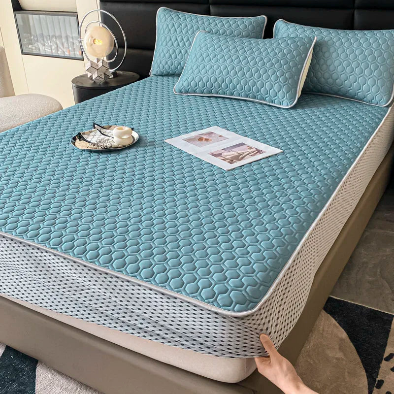 Afralia™ Queen Size Cooling Fitted Sheet Set - Soft Latex Ice Silk Mat & Pillowcase