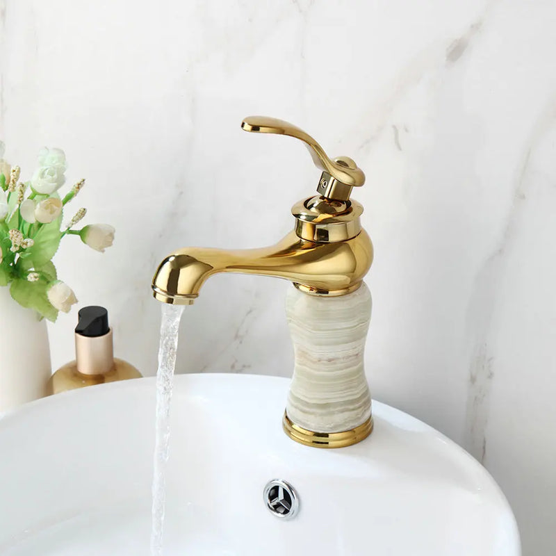 Afralia™ Gold Plated Jade Bathroom Faucet with Brass Body Hot & Cold Water Mixer