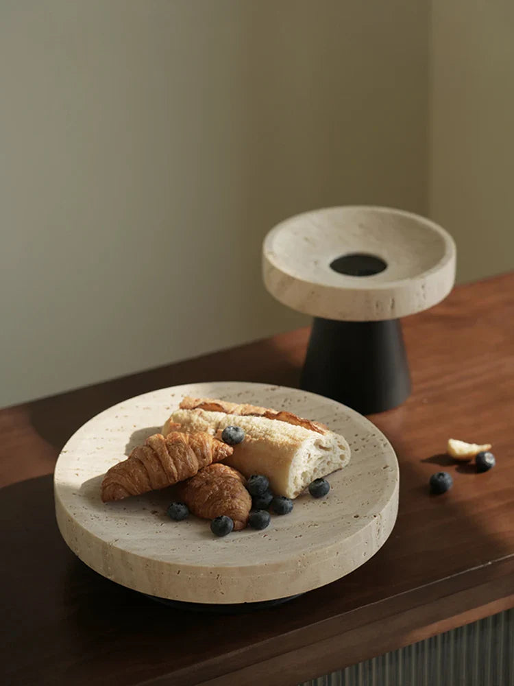 Afralia™ Luxury Travertine Fruit Tray & Marble Salad Bowl Set on Pedestal Stand