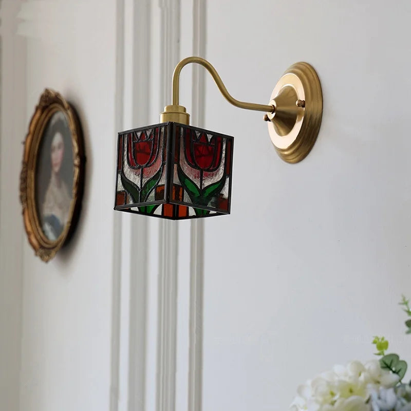 Afralia™ Cube LED Wall Sconce Copper Glass Retro Vintage Light E27 Mirrored Vanity