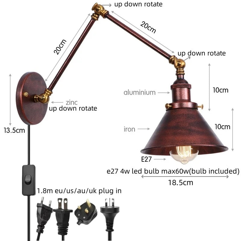 Afralia™ Iron LED Wall Lamp Pull Chain Switch Industrial Vintage Loft Stair Light