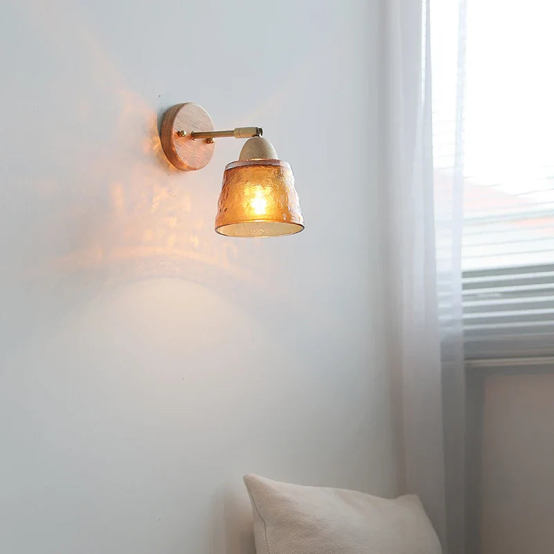 Afralia™ Wood Canopy LED Wall Lights Pull Chain Switch Amber Glass Modern Bedside Sconce