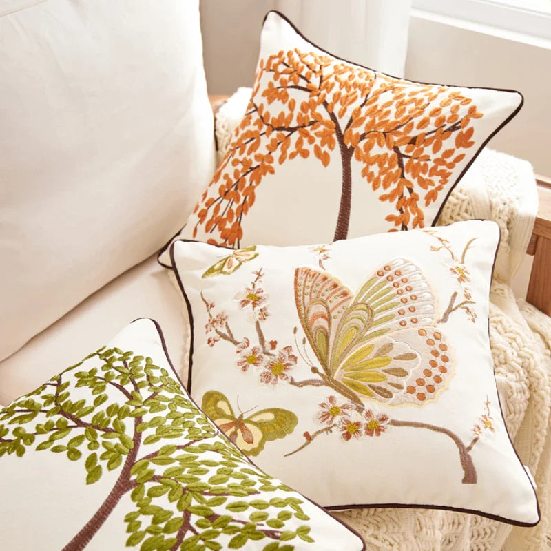 Afralia™ Butterfly Tree Embroidered Cushion Cover for Office Sofa & Home Decoration.