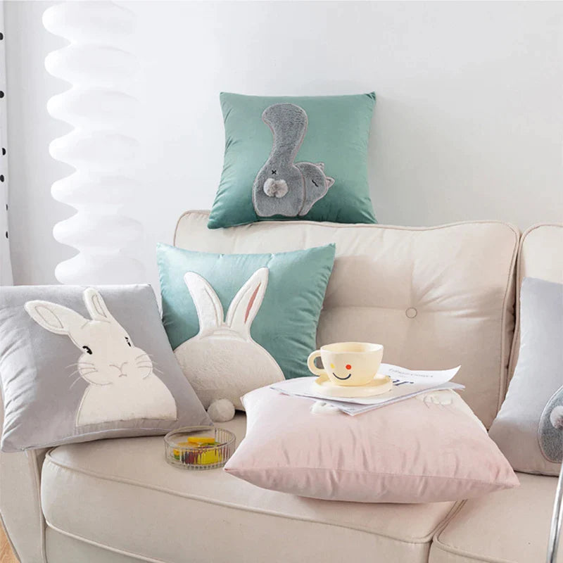 Afralia™ Rabbit Cat Patchwork Embroidered Velvet Cushion Cover 45*45 Home Sofa Decor