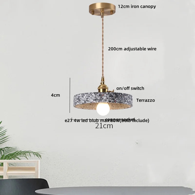 Afralia™ Terrazzo Stone LED Pendant Light with Copper Knob Switch, Adjustable Hanging Lamp