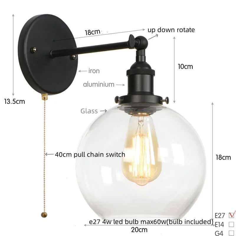 Afralia™ Glass Globe LED Wall Sconce Modern Industrial Rustic Vintage Bedside Lamp