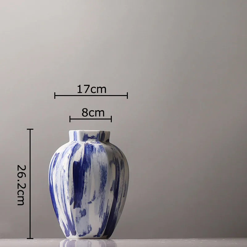 Afralia™ Blue & White Porcelain Vase: Ink Style Flowers, Aesthetic Room Decor