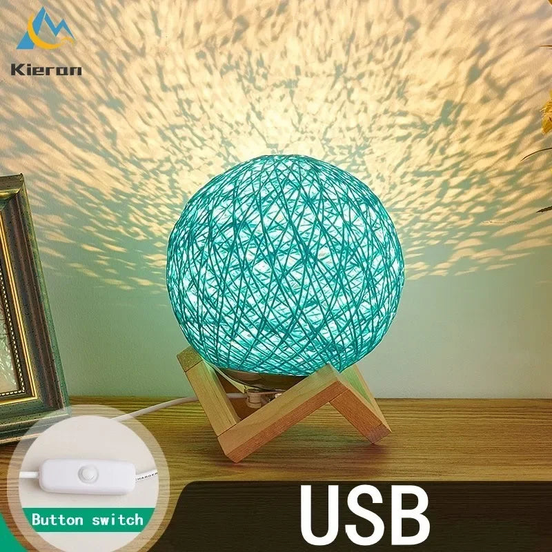 Afralia™ Minimalist Rattan Ball LED Table Lamp with Solid Wood Base