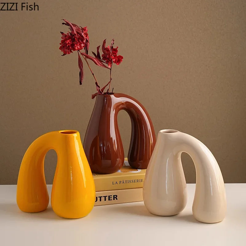 Afralia™ N-shape Ceramic Vase for Table Decoration and Hydroponics | Room Aesthetic Flower Vase