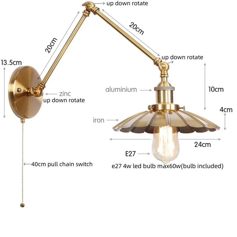 Afralia™ Gold Industrial LED Wall Lamp with Pull Chain Switch for Home Decor