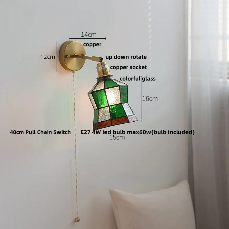 Afralia™ Colorful Square Glass LED Wall Lights with Pull Chain Switch, Tiffany Style