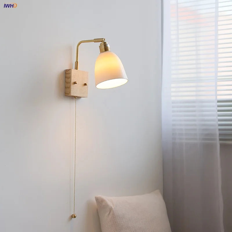 Afralia™ Nordic LED Wall Lights Pull Chain Switch Bedside Lamp Walnut Ash Glass Copper