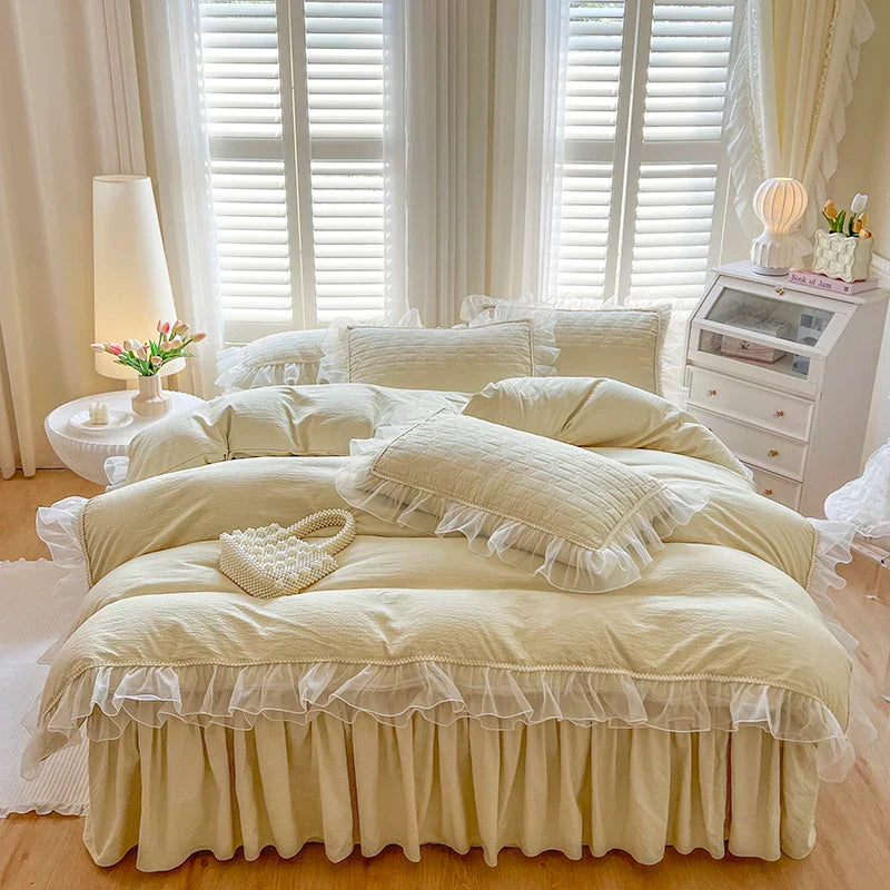 Afralia™ Seersucker Princess Bedding Set with Lace Ruffles - 4Pcs