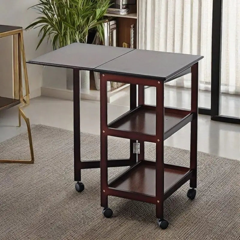 Afralia™ Solid Wood Dining Table Folding Side Cabinet with Wheels and Storage Shelf