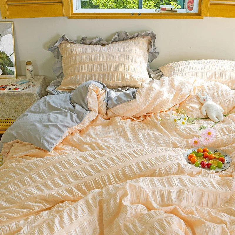 Afralia™ Princess Seersucker Kawaii Bedding Set | Lovely Ruffles Duvet Cover | Soft Comfortable Bed Sets