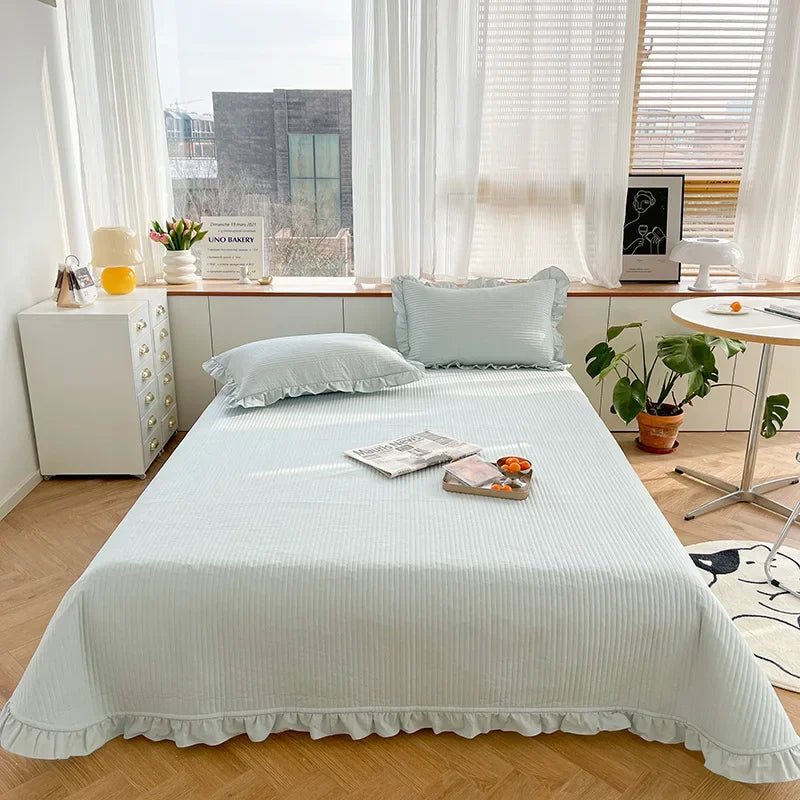 Afralia™ Quilted Cotton Queen Bed Cover Set with Ruffles - Soft & Comfortable Home Bedspread