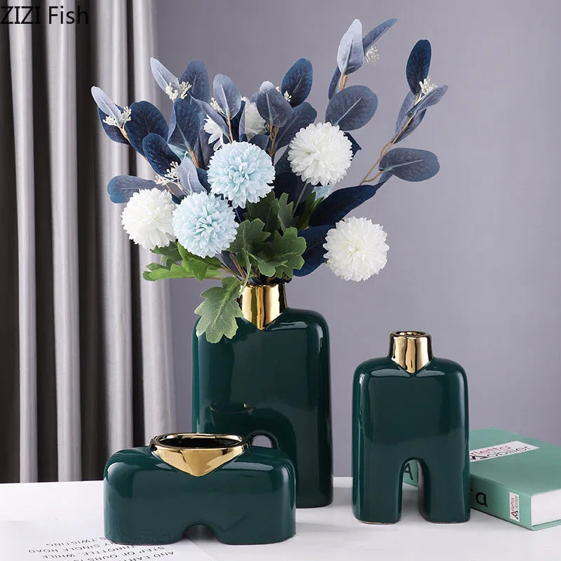 Afralia™ Gold Ceramic Vase Desk Decor Artificial Flower Arrangement Aesthetic Room Vase