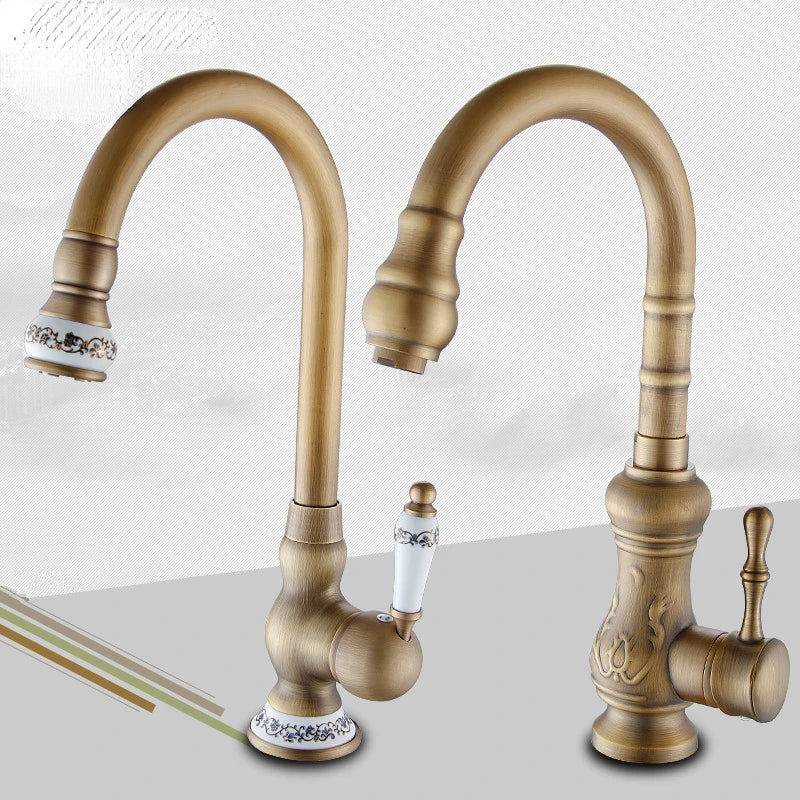 Afralia™ Antique Brass Swivel Spout Kitchen Faucet Single Handle Vessel Sink Mixer Tap