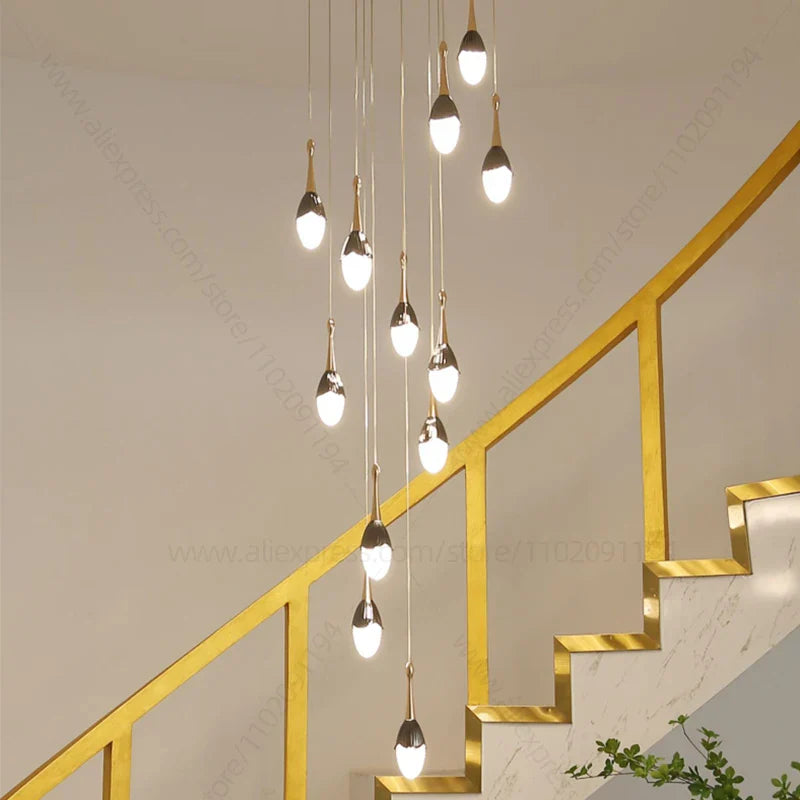 Afralia™ Gold LED Staircase Chandelier: Elegant Luxury Large Pendant Lamp for Living Room