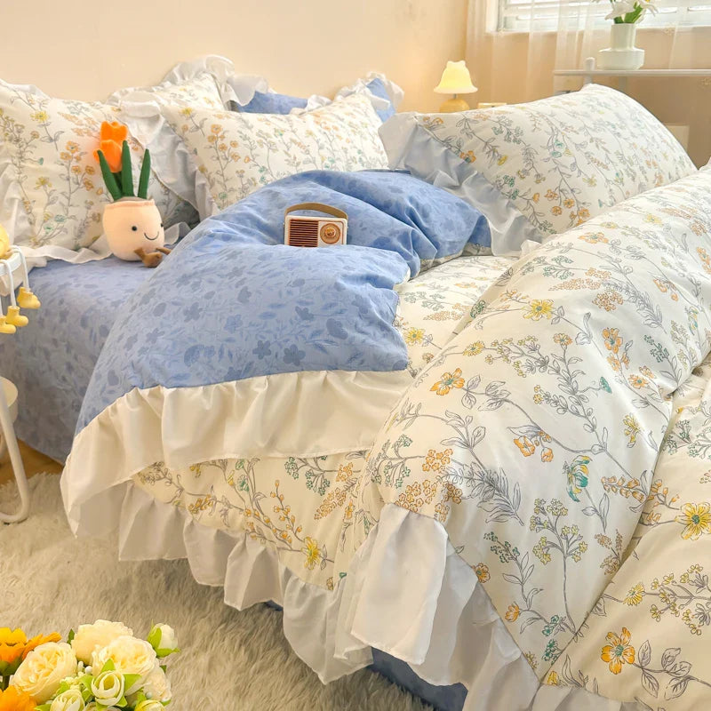 Afralia™ Korean Princess Floral Ruffles Bedding Set: Single/Queen Duvet, Cover, & Pillowcases