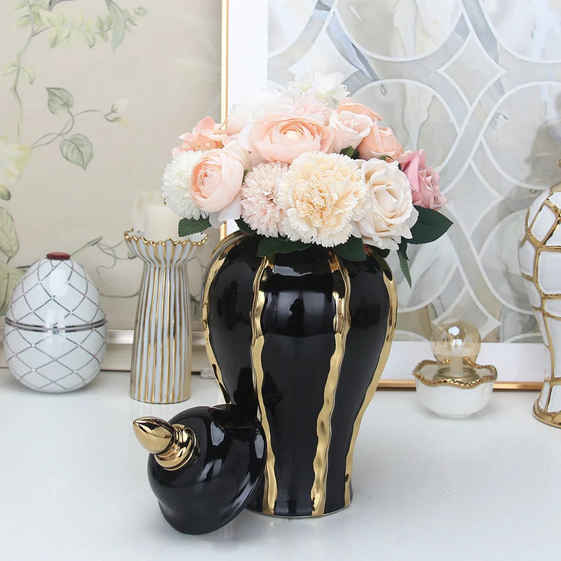 Afralia™ Black Gold Ceramic Pot Vintage Bottle Flower Vase Home Decoration