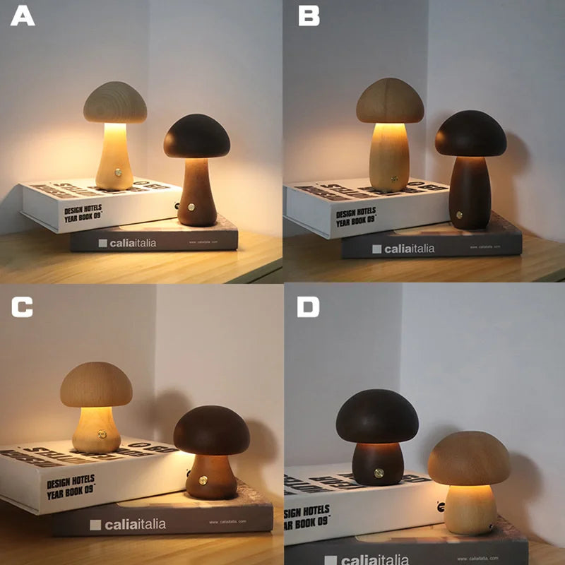 Afralia™ Wooden Mushroom Night Light Touch Lamp for Bedroom Kids Room