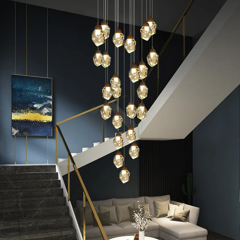 Afralia™ Crystal Chandelier Staircase Pendant Lamp LED Lighting Fixture for Living Room