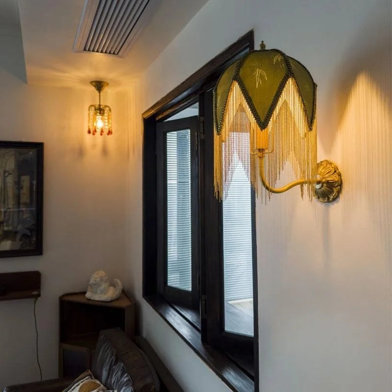 Afralia™ Fabric Tassel LED Wall Lamp Vintage Copper Arm for Bedroom Living Room