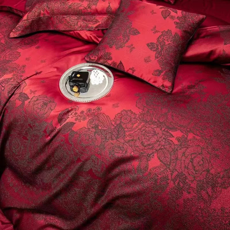 Afralia™ Burgundy Red Luxury Jacquard Egyptian Cotton 5Pcs Bedding Set