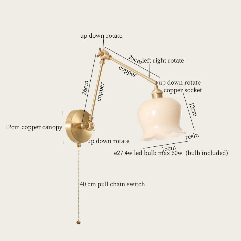Afralia™ Cream Resin LED Wall Lights Pull Chain Switch Copper French Vintage Wandlamp