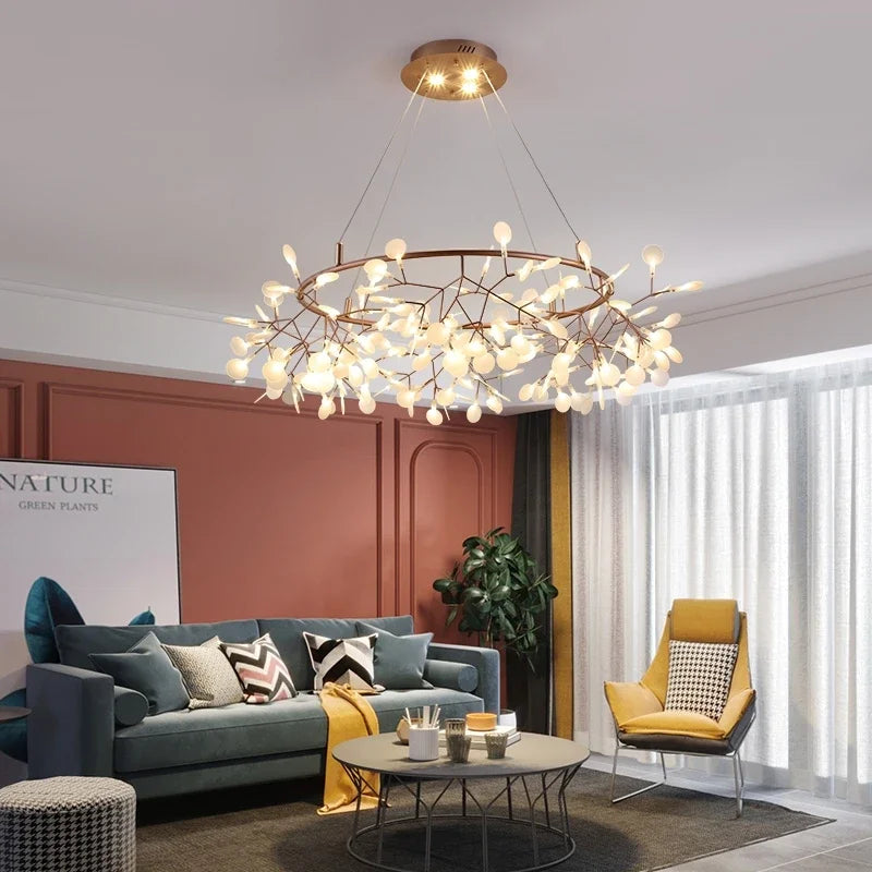 Afralia™ Firefly LED Chandelier: Stylish Tree Branch Round Metal Ceiling Spotlight