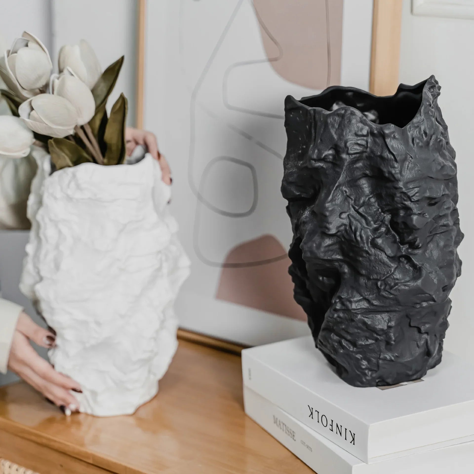 Afralia™ Stone Grain Black White Ceramic Vase for Flower Arrangement Craft Ornaments