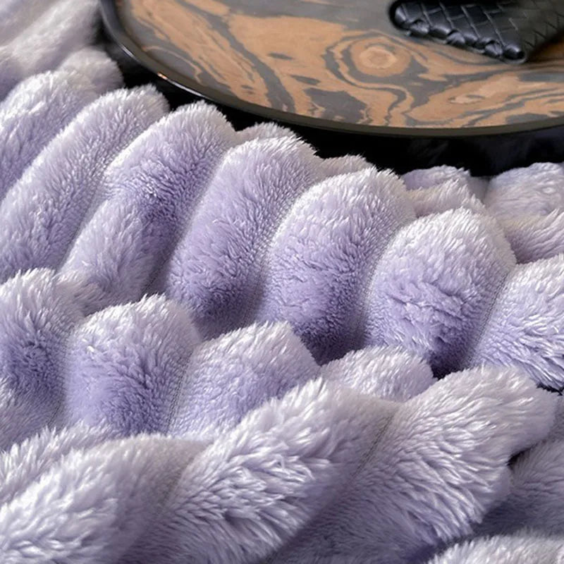 Afralia™ Cozy Coral Fleece Striped Solid Blanket for Winter Sofa Cover Queen King Sizes