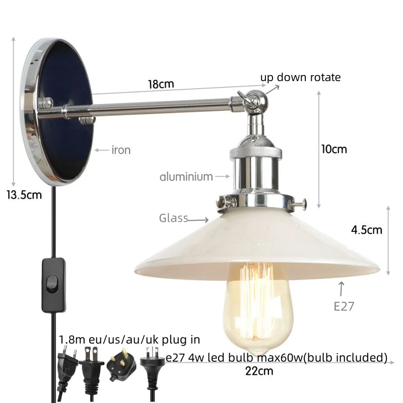 Afralia™ Retro White Glass LED Wall Light Sconce Industrial Vintage Bedroom Lamp