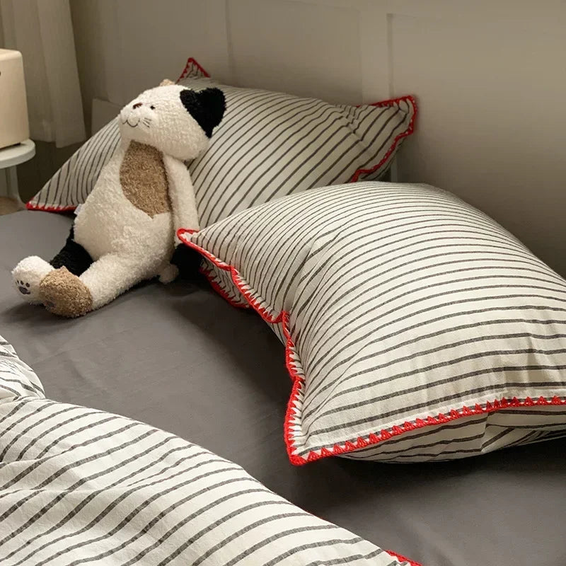 Afralia™ Striped Shell Edge Bedding Set | Cozy Washed Cotton Fitted Sheet Set