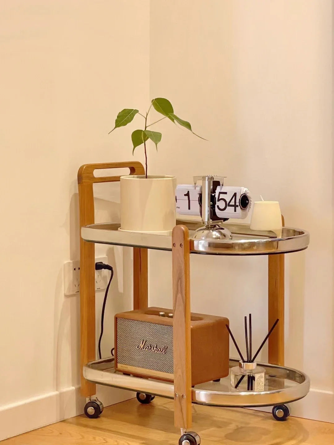 Afralia™ Nordic Wood End Table with Glass Top & Movable Trolley - Multifunctional Storage Rack